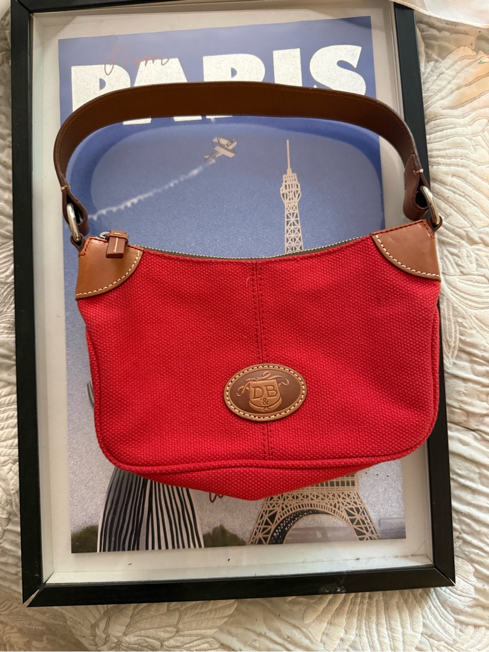 Dooney & Bourke Red Canvas Mini Shoulder Bag with Brown Leather Trim